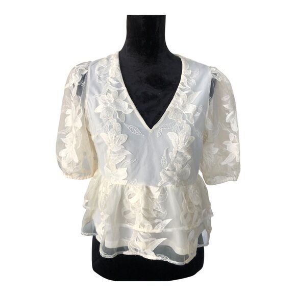 Express Cream Embroidered Cottagecore Lace Puff Sleeve Tiered Ruffle Shirt Sz S - Picture 1 of 16